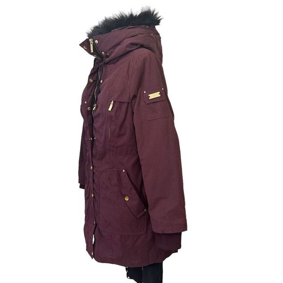 BELLE BADGLEY MISCHKA Burgundy Fleece & Faux Fur Trimmed Hooded Parka sz Medium‎ - Picture 3 of 11